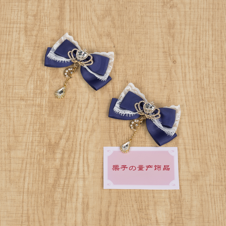 Jirai Kei Bow Hair Clips, Rhinestone Crown and Pearl Chain 44194:802717