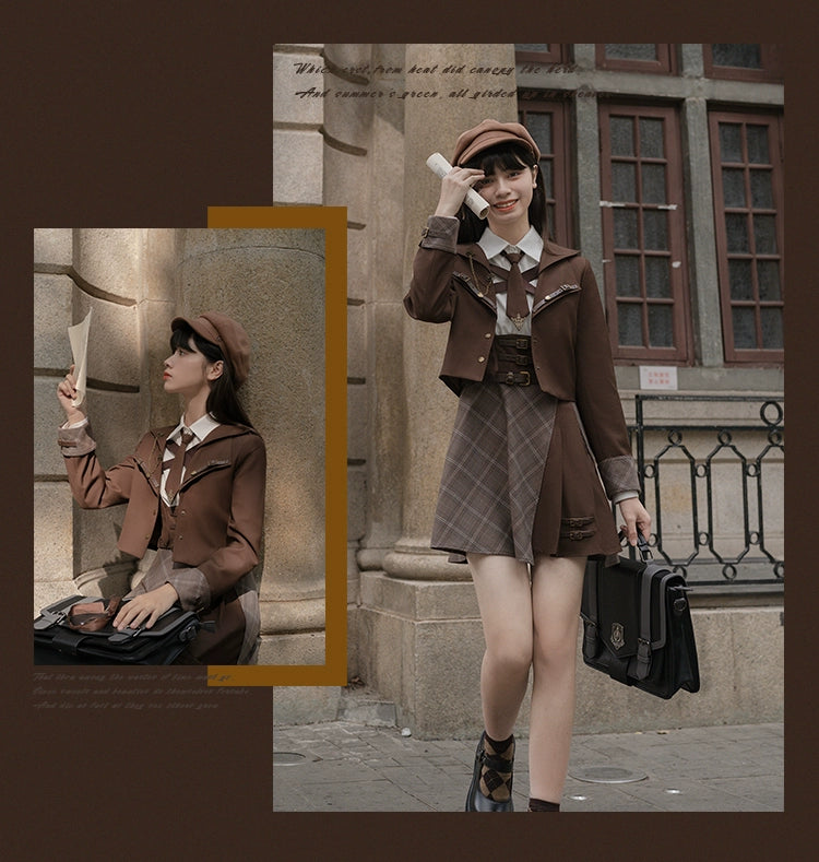 Preppy Style Brown Jacket Blouse Skirt Set 29528:350388