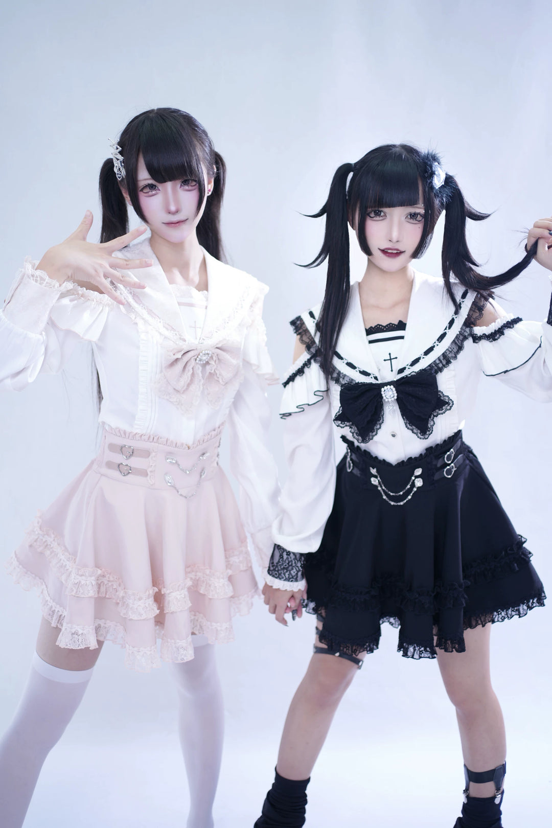 Lace Jirai Kei Sailor Collar Blouse, High Waist Skirt Set 45626:859328