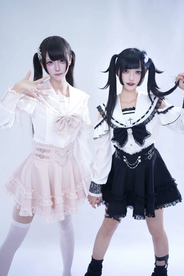Lace Jirai Kei Sailor Collar Blouse, High Waist Skirt Set 45626:859328