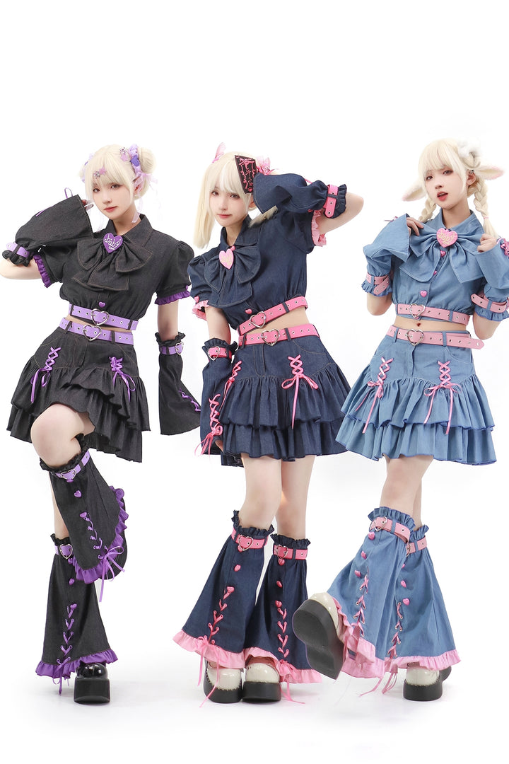 Y2K Denim Skirt Set Gyaru Fashion Blue Black Set 22778:334334