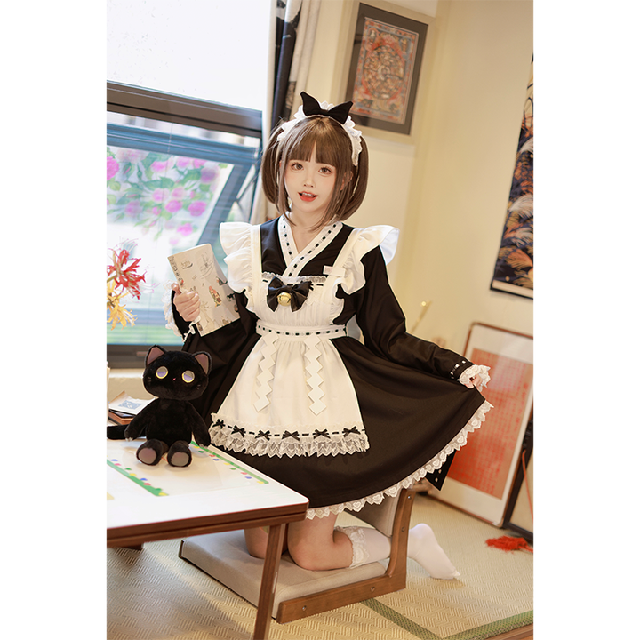 Kawaii Black Maid Blouse Flutter Sleeve Apron Suspender Skirt Set 42282:734784