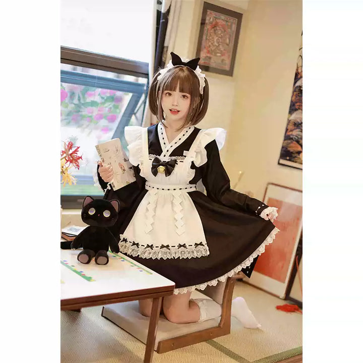 Kawaii Black Maid Blouse Flutter Sleeve Apron Suspender Skirt Set 42282:735149