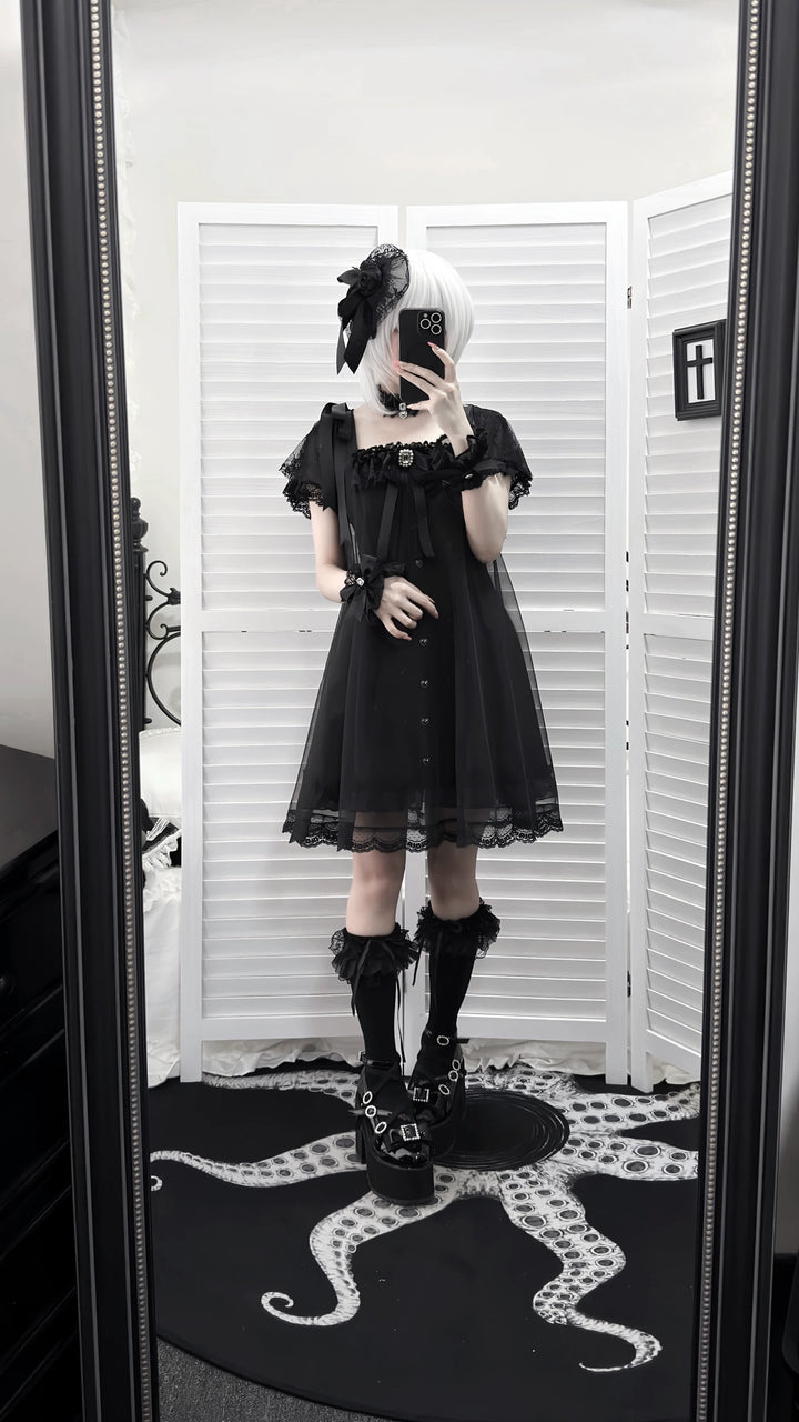 Jirai Kei Tulle Overlay Dress, Square Neckline 45558:855526
