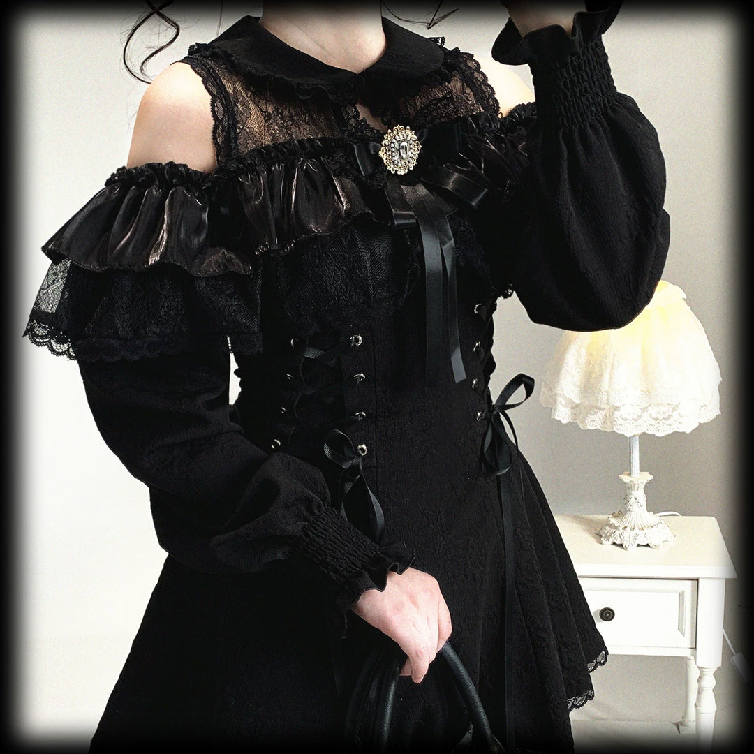 Jirai Kei Open-Shoulder Dress, Bust Lace Flounce Hem 44468:809961