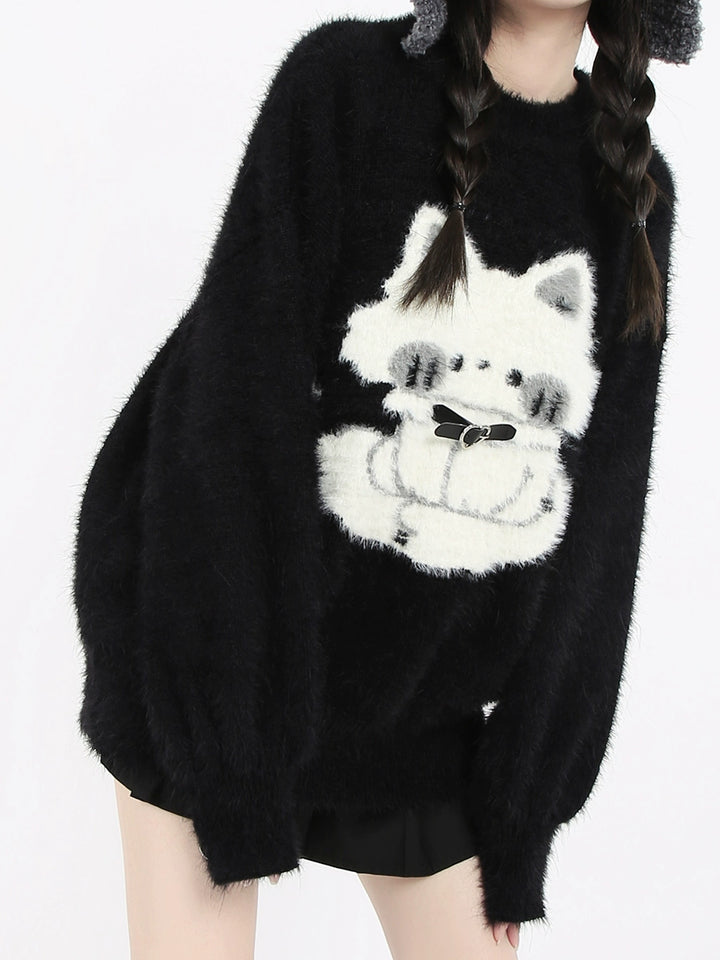 Kawaii Black Sweater Fluffy Voluminous Thickening Sweater 22752:326882