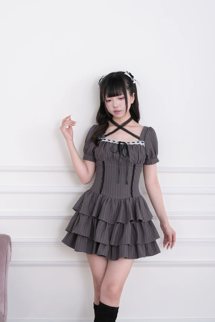 Jirai Kei Striped Halter Dress, Lace and Bow 45722:860226
