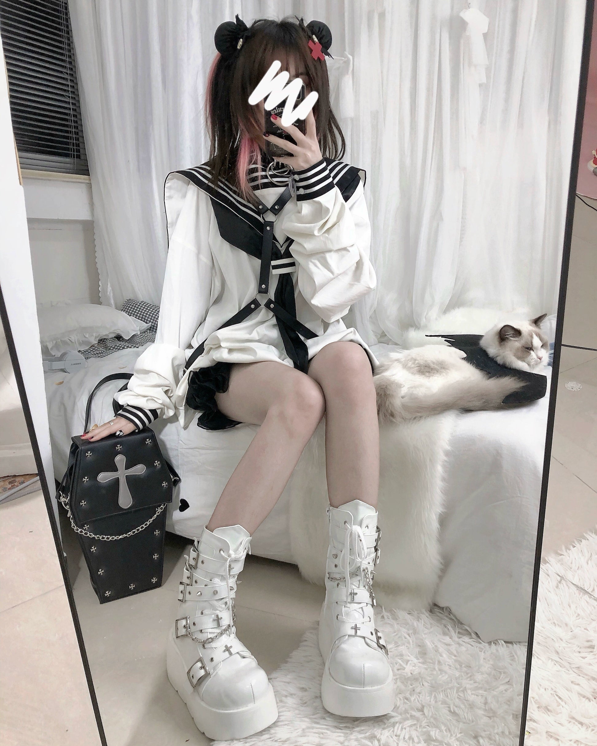 Y2K Spicy Girl Cross Black White Platform Shoes Boots 28962:343894