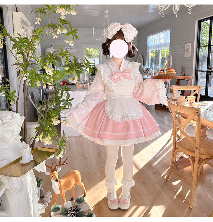 Kawaii Outfit White Maid Blouse And Pink Skirt With Apron 42283:735222