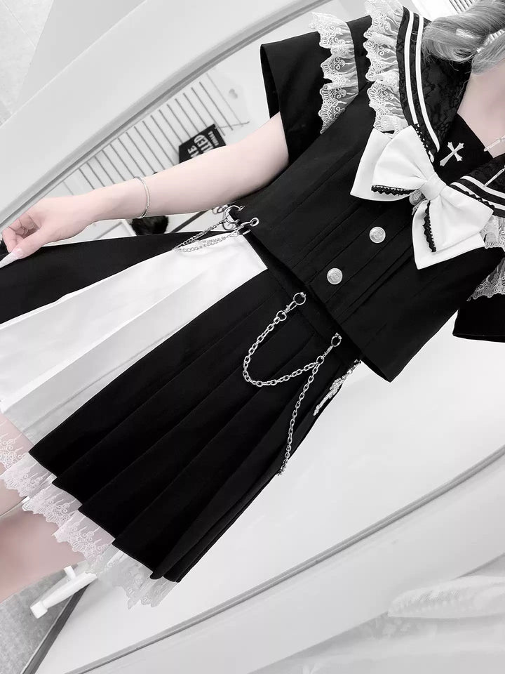 Lace Sailor Collar Gothic Skirt Suit, Detachable Waist Chain 43626:781384
