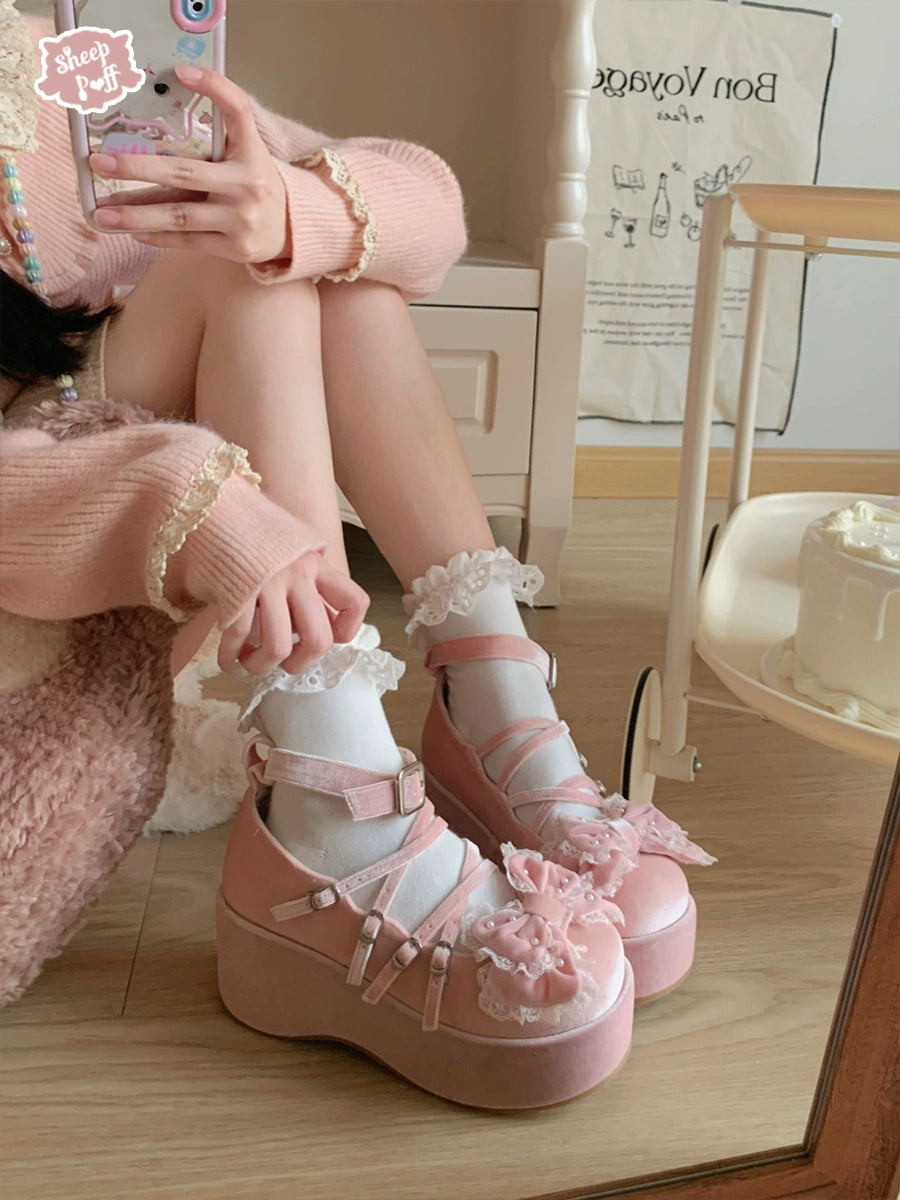 Lolita Shoes Velvet Platform Shoes Lace-up Mary Jane Shoes 37022:544014