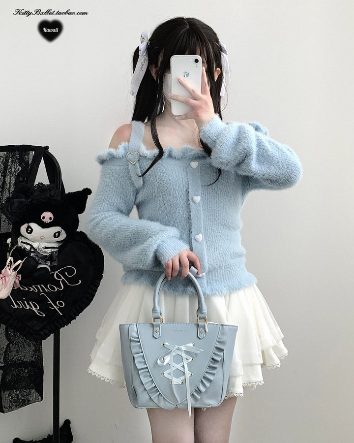 Jirai Kei Sweater Off-shoulder Knitted Sweater Loose Top (Blue) 40406:667050