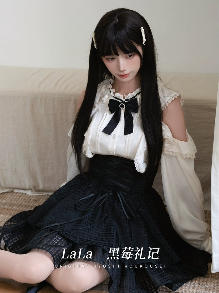 Open-Shoulder Blouse, High-Waisted Plaid Skirt 44297:804739