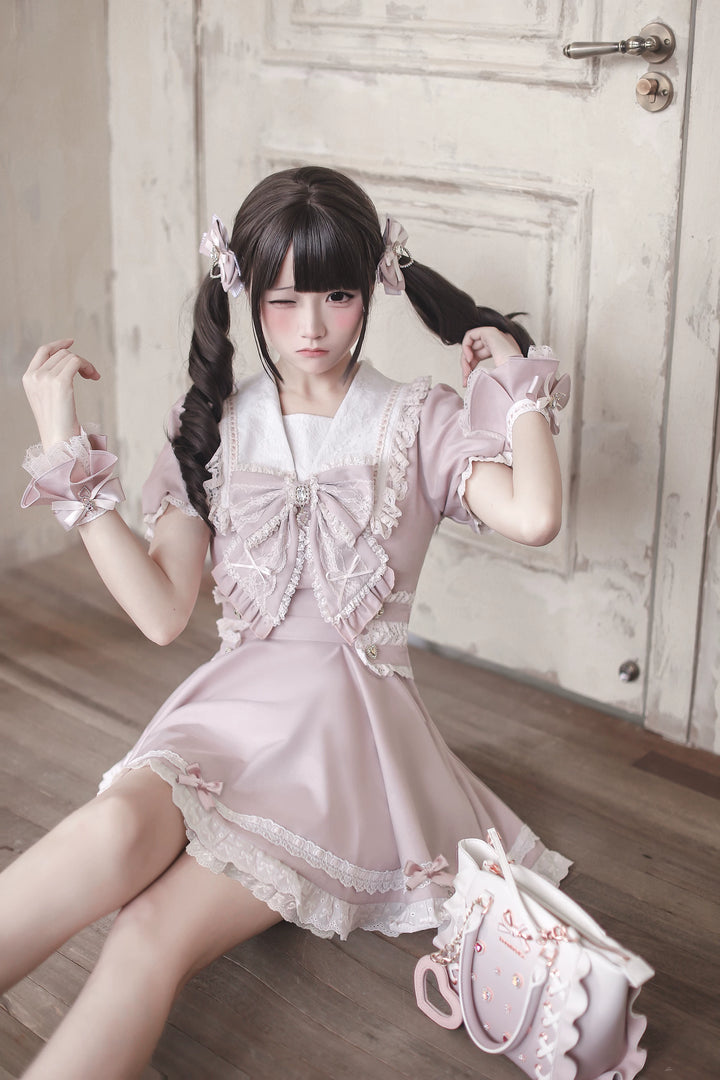 Pink High-waist Ryousangata Dress, Sailor Collar 44781:829324
