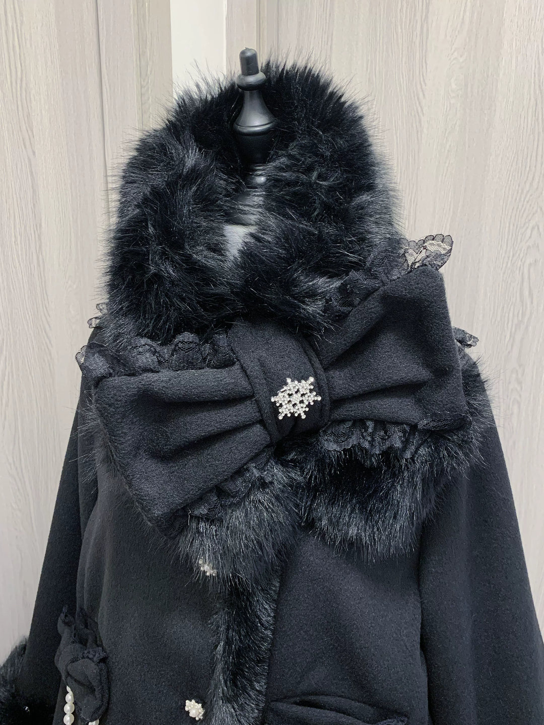 Jirai Kei Wool Coat Fur Collar Big Bow Knot Winter Coat 40572:674272