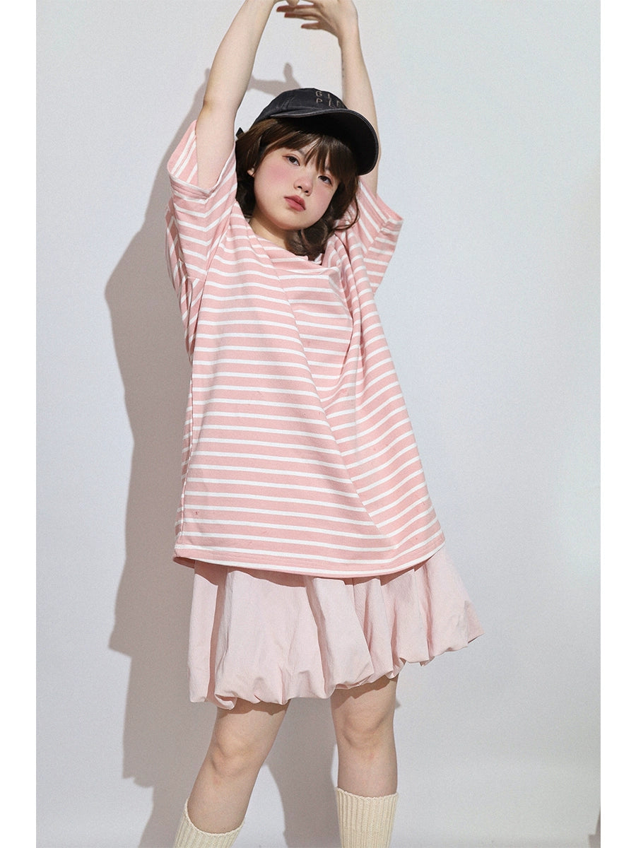 Kawaii Aesthetic Shirt Striped Short Sleeve Cotton Top 36562:518522