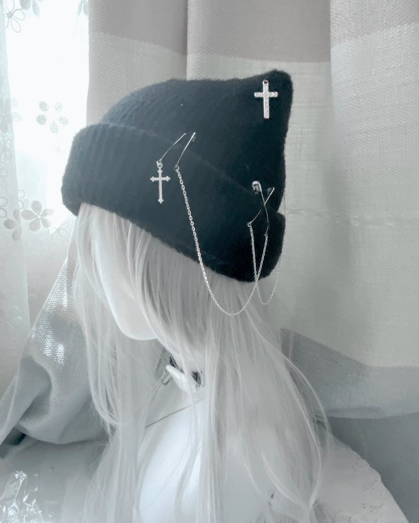 Jirai Kei Harajuku Fashion Cross Chain Knit Cat Ear Hat 21666:311338