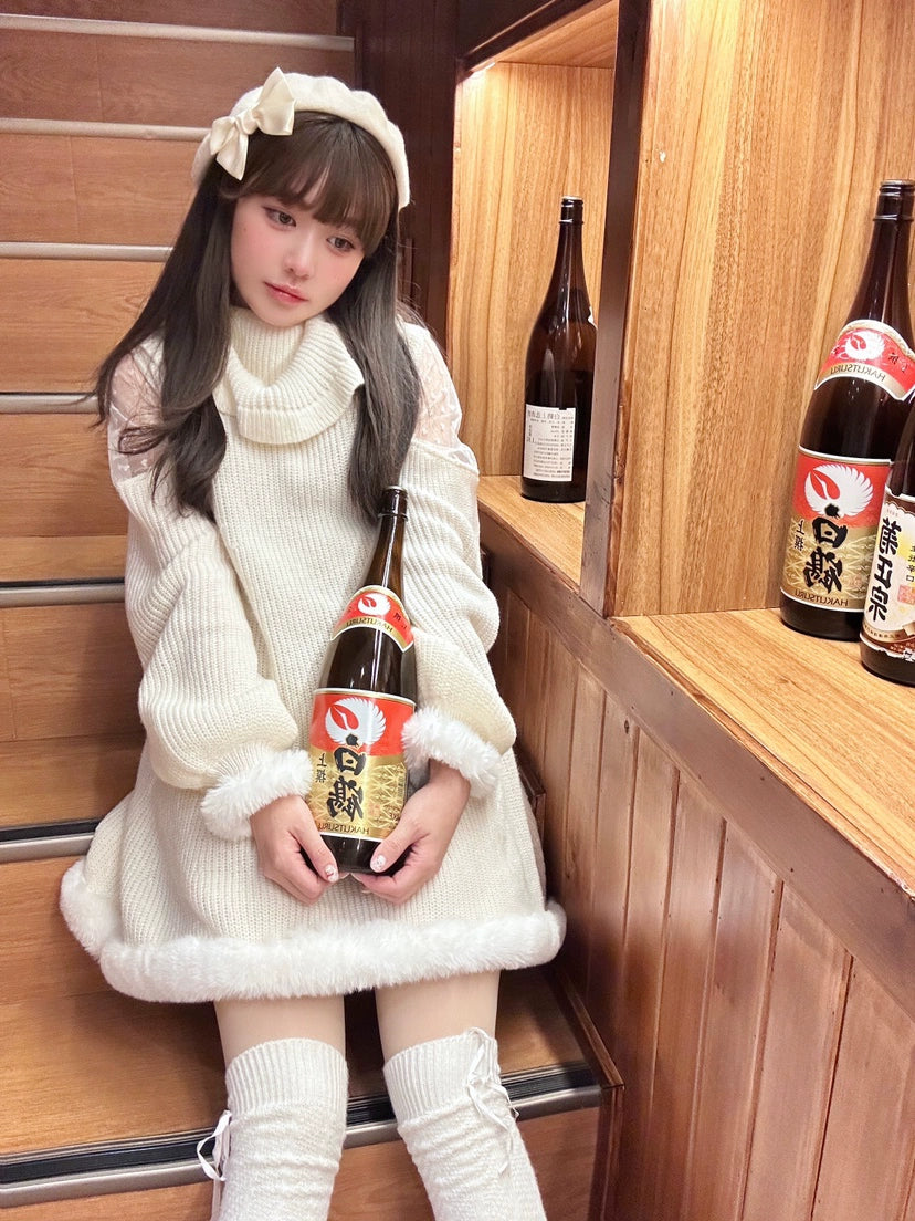 Jirai Kei White Sweater Dress Off-Shoulder Lace Dress 31844:372126