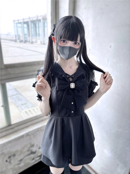Jirai Kei Dress Set Black Short Sleeve Dress And Shorts 37848:571560