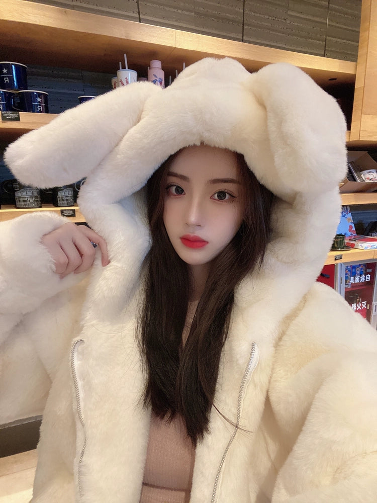 Jirai Kei Winter Coat Thick Fleece Hooded With Cute Bunny Ears 32468:386342