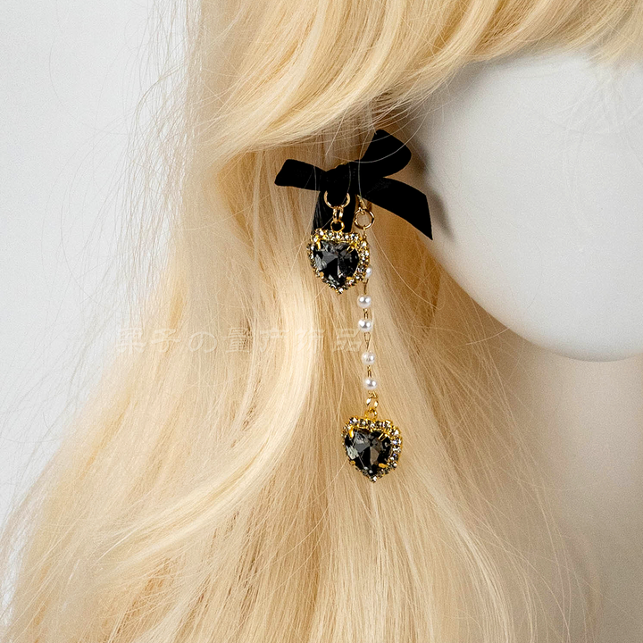 Jirai Kei Earrings Rhinestone Bow Pearl Chain Ear Clip 39658:647748