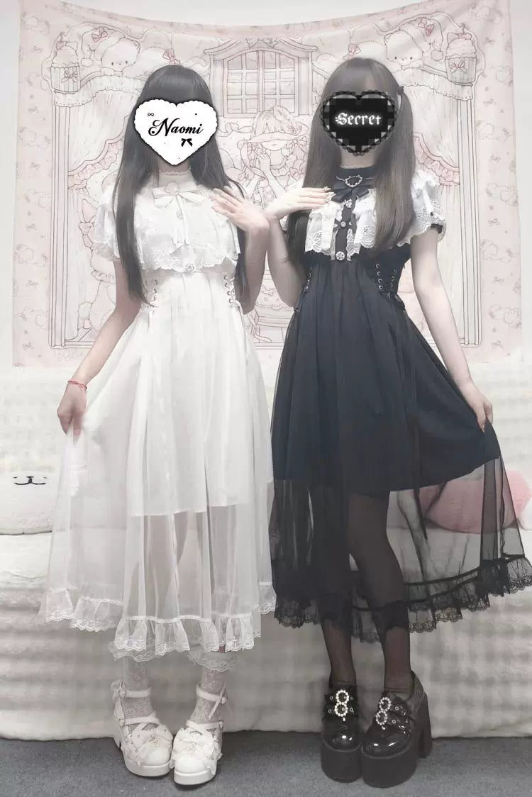 Long Jirai Kei Lace Cape Dress, Detachable Sleeves 43590:780602