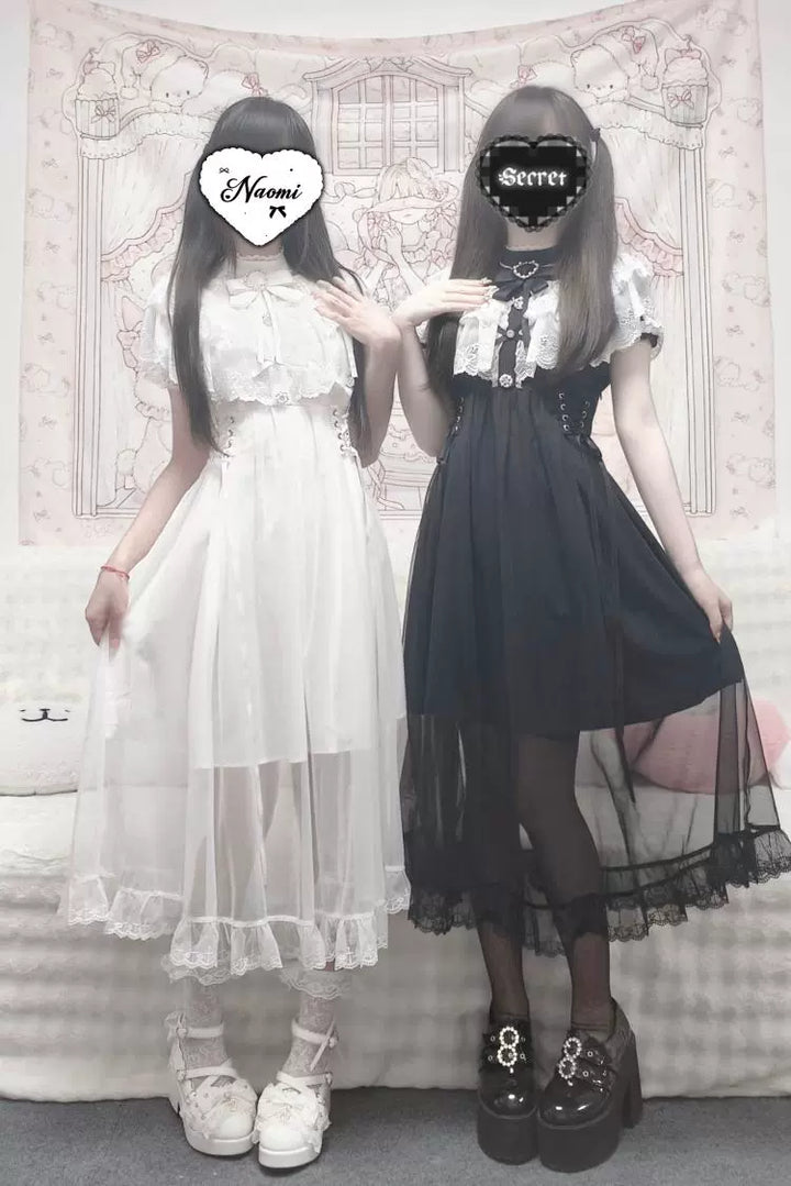 Long Jirai Kei Lace Cape Dress, Detachable Sleeves 43590:780602