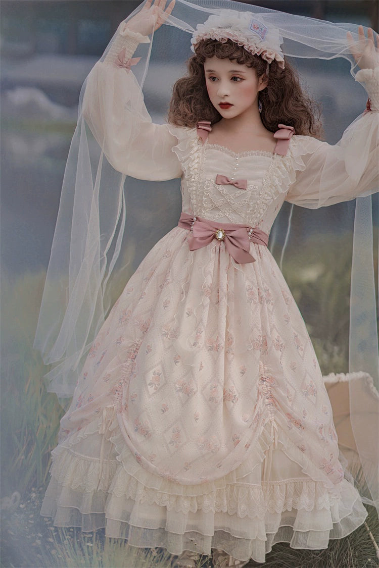 Elegant Lolita Dress Cottagecore Dress Long-Sleeved Beige Dress 36470:515882 36470:515882