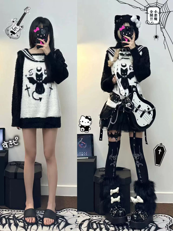 Jirai Kei Sweater Black White Devil Cat Sailor Collar Sweater 32632:409698