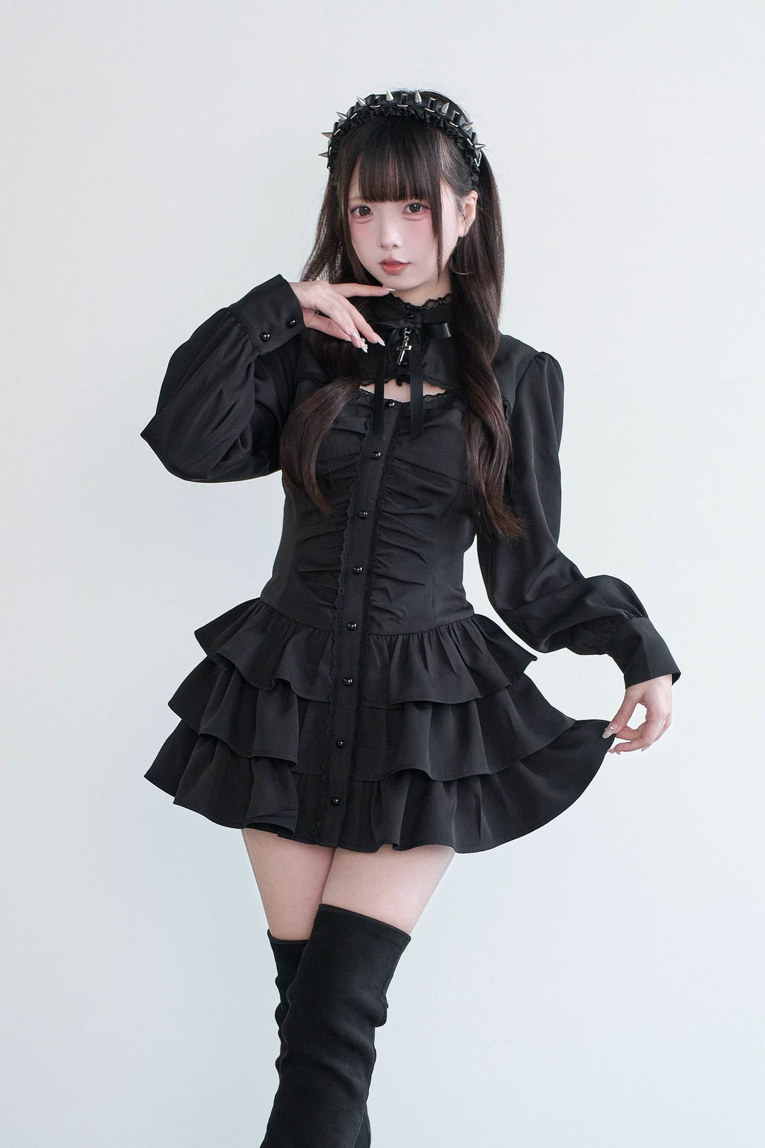 Black/Gray Jirai Kei Lace-Up Dress, Elastic Shorts (L M) 44329:806148