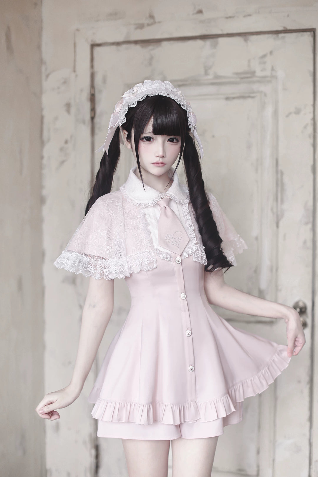 Jirai Kei Lace Shawl Dress Set, Detachable Tie (L M S XL) 45193:840970