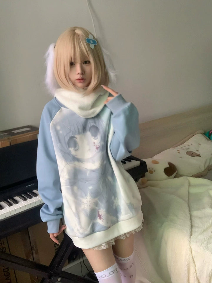 Jirai Kei Blue Sweatshirt Anime Girl Printed Sweatshirt 33326:430942 33326:430942