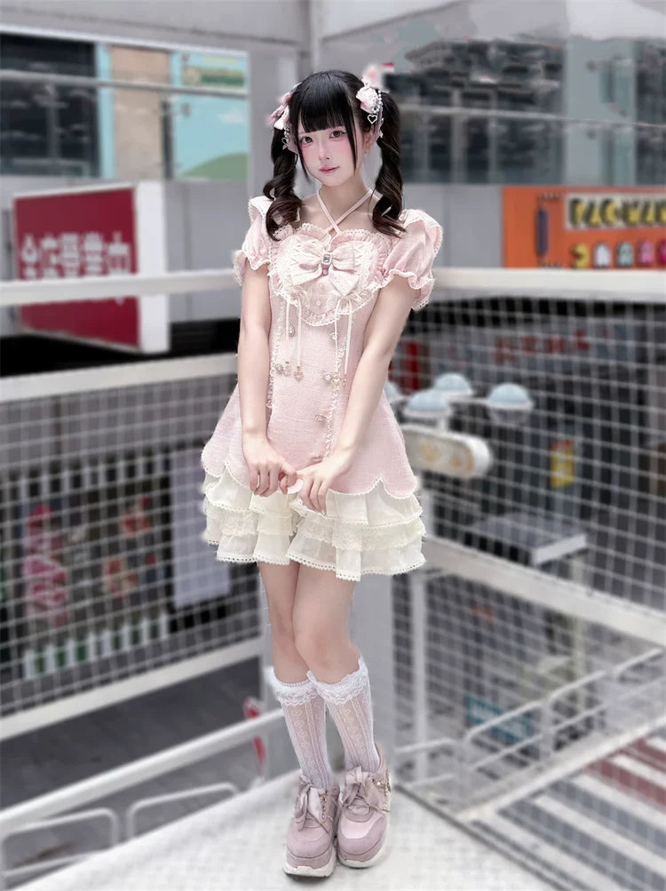 Pink Tweed Rousangata Dress, Front Heart Decoration 45570:854472