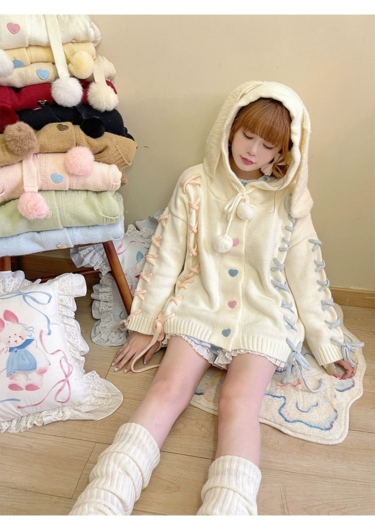 Kawaii White Pink Blue Cardigan Bunny Ears Sweater Coat 22658:345268 22658:345268