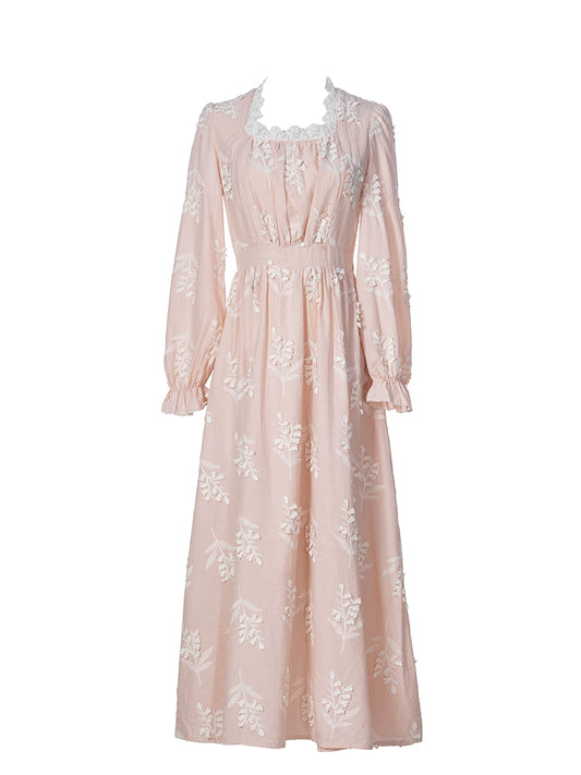 Cottagecore Dress Vintage Lolita Dress Embroidered Cotton Pink Dress (Pink / L M S) 36352:513536