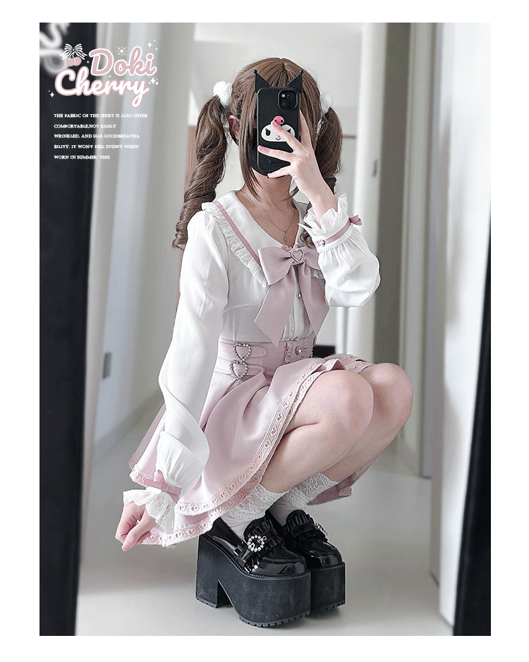 Jirai Kei Outfit A-Line Skirt and Long-Sleeved Blouse with Rhinestone Bow 42520:744283