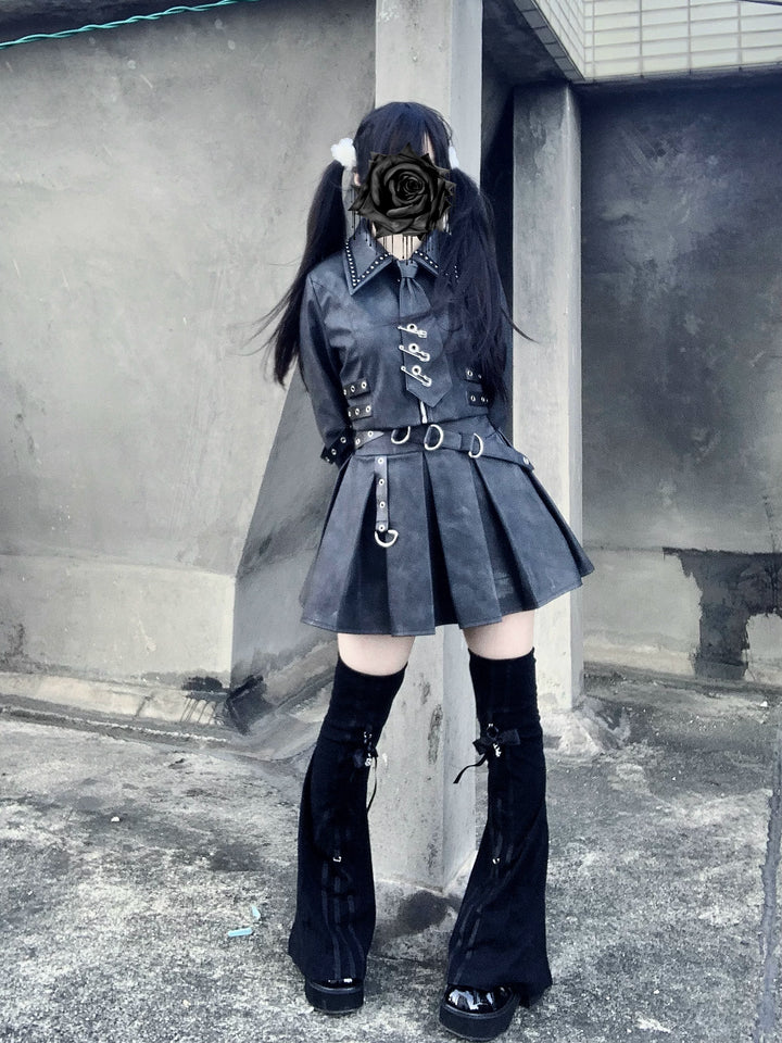 Punk Style PU Jacket, Pleated Skirt 44568:816013