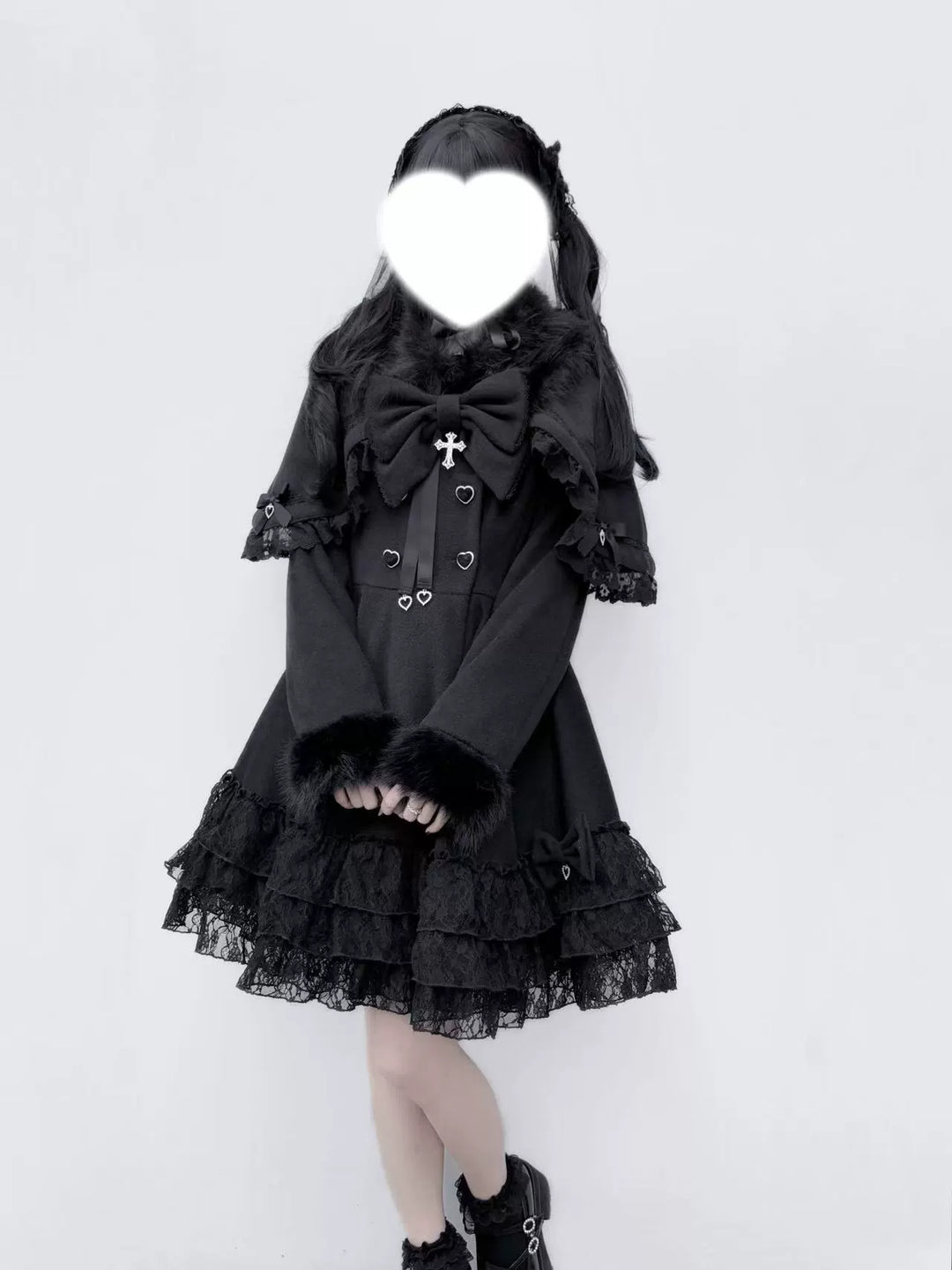 Winter Jirai Kei Coat With Detachable Cape Lace Trim Coat 41574:705064