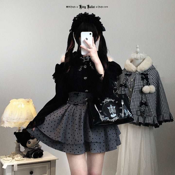 Lace Open-Shoulder Jirai Kei Blouse, Long Sleeves 44004:793109