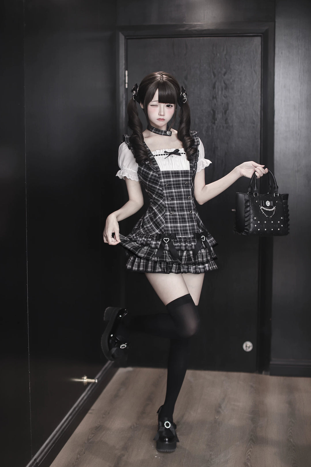 Jirai Kei Black Plaid Dress Set, Heart-Shaped Rhinestone 45004:834489