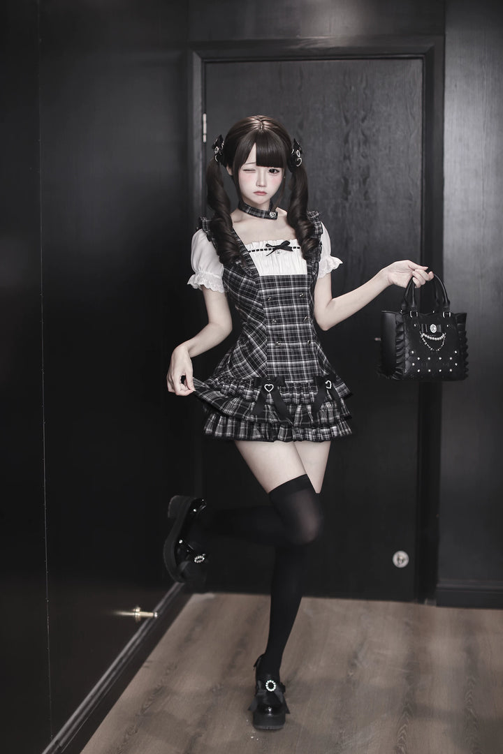 Jirai Kei Black Plaid Dress Set, Heart-Shaped Rhinestone 45004:834489
