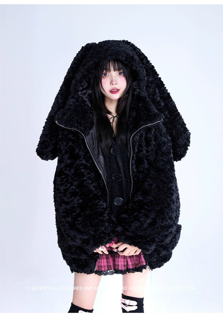 Jirai Kei Coat Black Plush Hooded Winter Coat Bunny Ear Coat 32396:384234