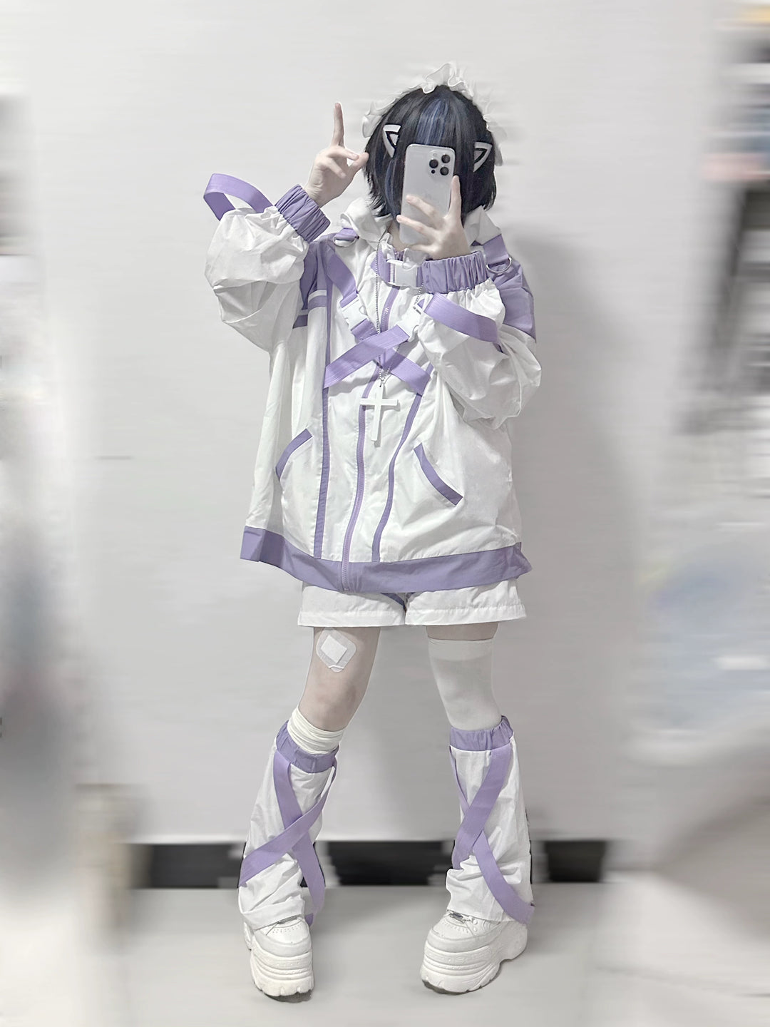 Jirai Kei Hoodie Set Oversize White Purple Sports Coat Set (Coat Shorts / L S) 37124:552970