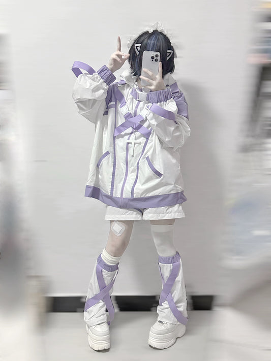 Jirai Kei Hoodie Set Oversize White Purple Sports Coat Set (Coat Shorts / L S) 37124:552970