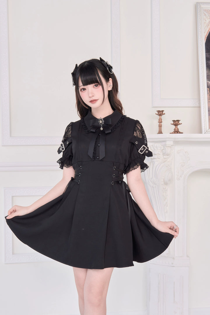 Lace Shoulder Jirai Kei Dress, Pleated Skirt (Black / L M) 43534:779091