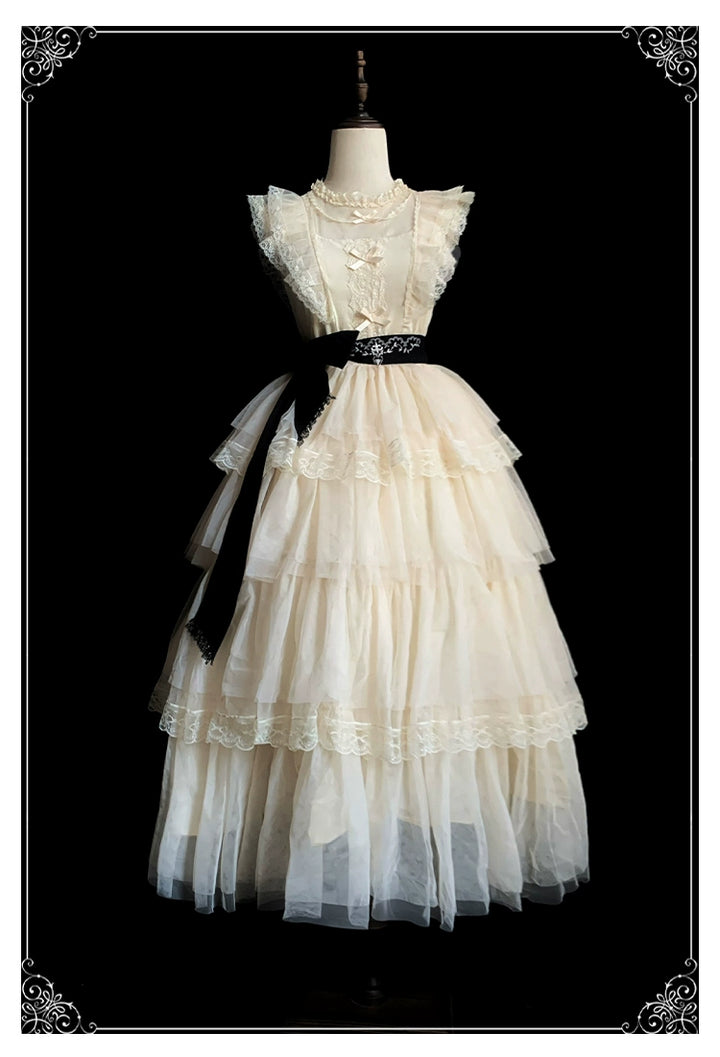 Classic Lolita Dress With Large Flounce Hem And Beige Puff Sleeves Shirt 38068:608730