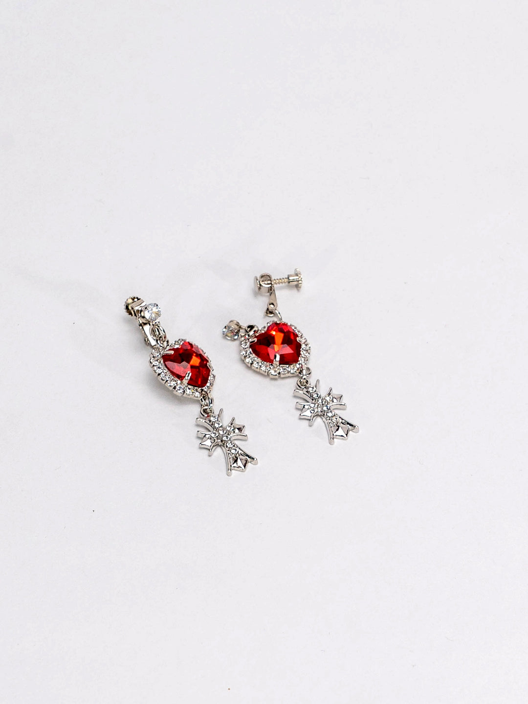 Jirai Kei Heart-Shaped Rhinestone Cross Earrings 21626:310032 21626:310032