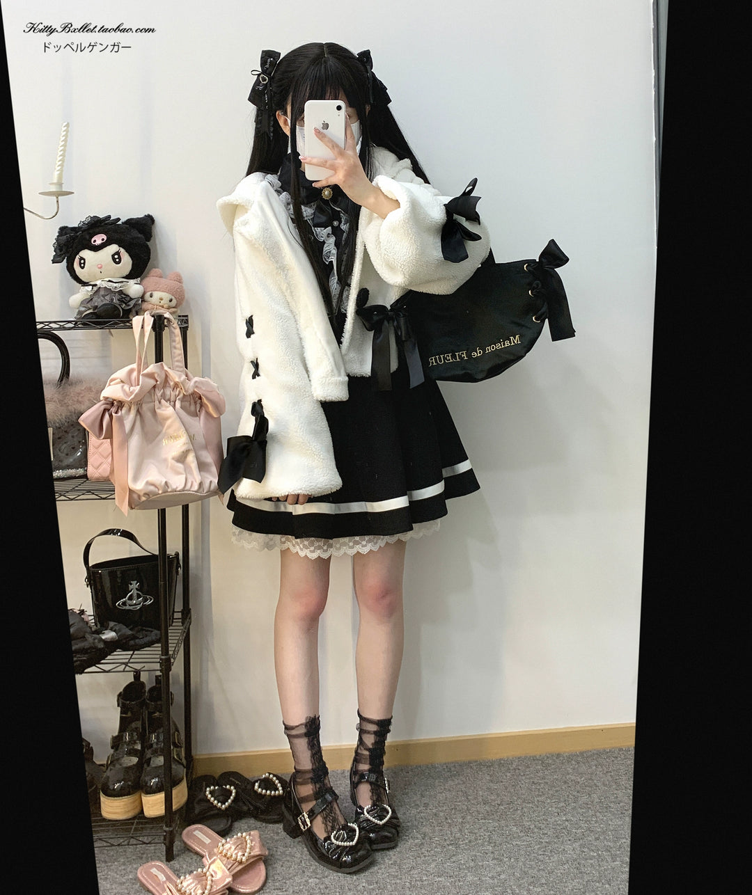 Jirai Kei Winter Coat White Black Plush Jacket With Rabbit Ear 31854:372630 31854:372630