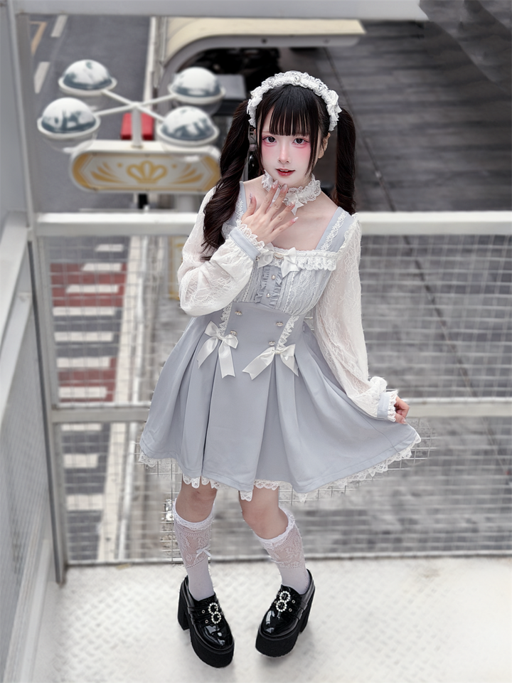 Ryousangata Lace Long Sleeve Dress, Square Neckline 45580:853915