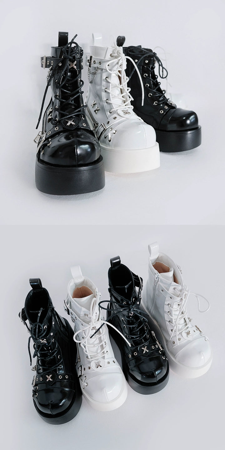 Punk Shoes Black White Platform Gyaru Fashion Combat Boots 29710:368892